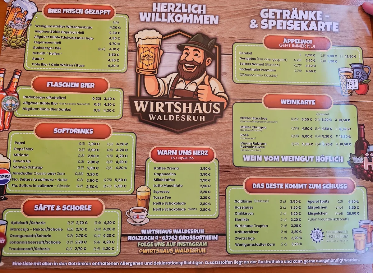 Speisekarte, Wirtshaus Waldesruh Wenigumstadt