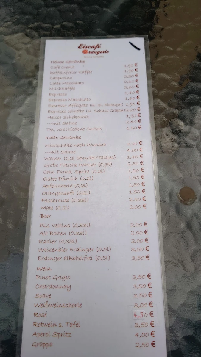 Speisekarte, Eiscafé Orangerie