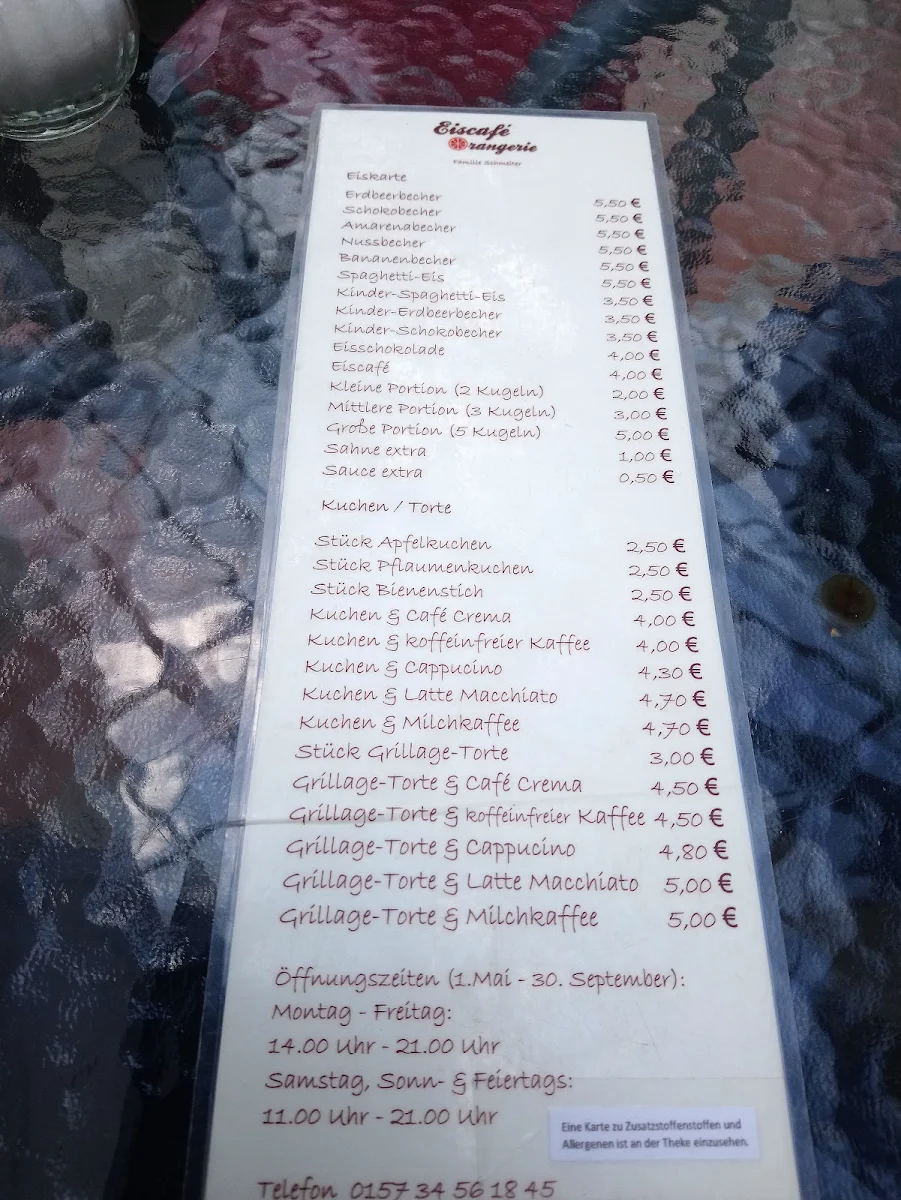 Speisekarte, Eiscafé Orangerie