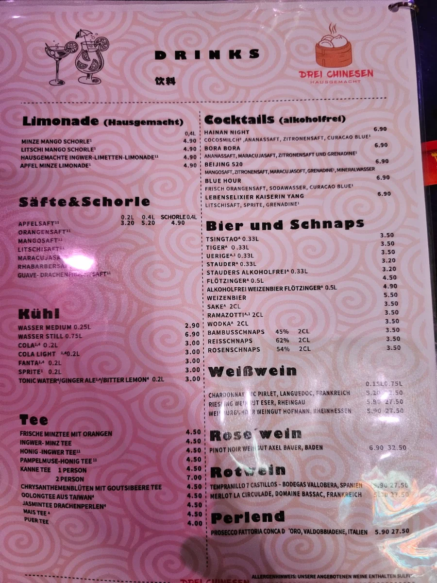 Speisekarte, China Restaurant Drei Chinesen