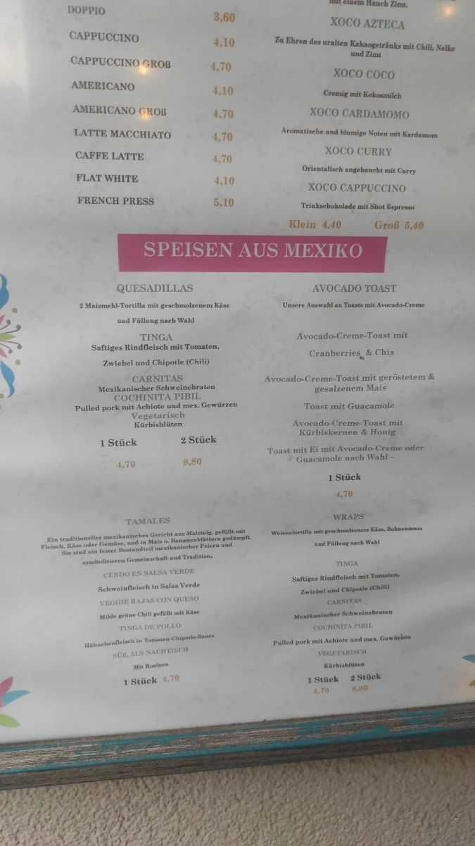 Speisekarte, XOCO Café
