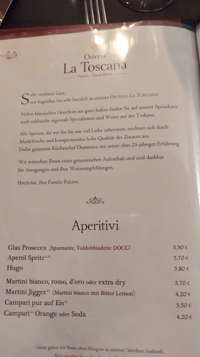 Speisekarte, Osteria La Toscana
