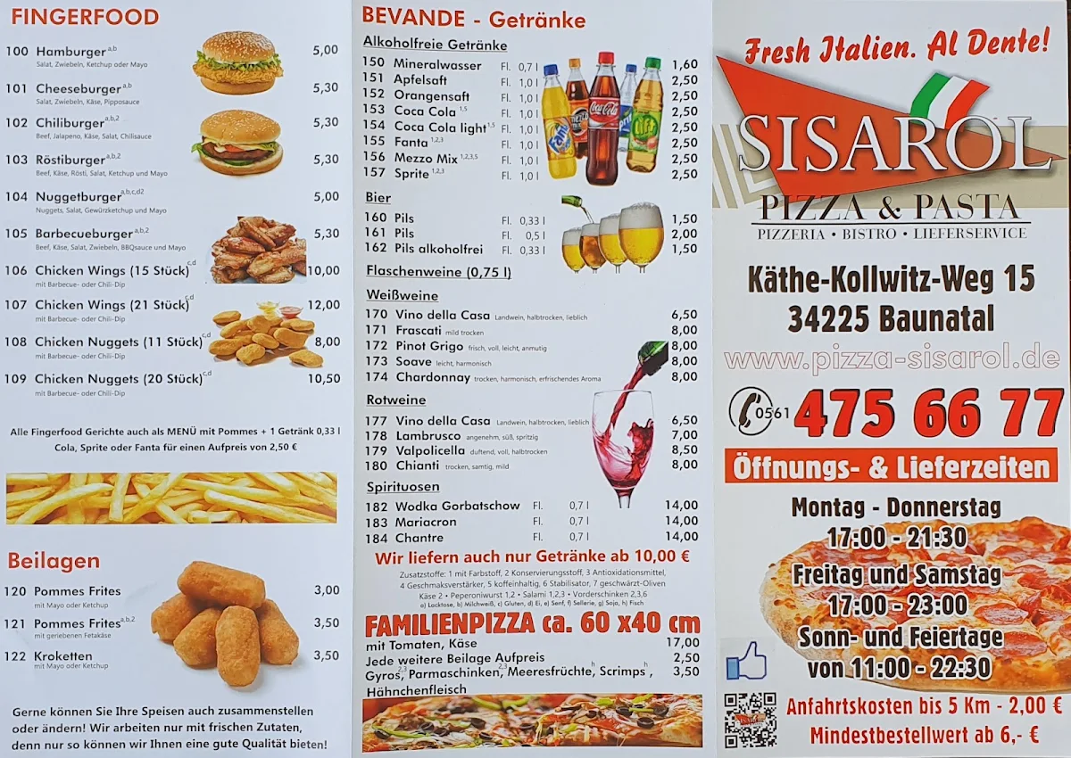 Speisekarte, SISAROL - Pizza & Pasta