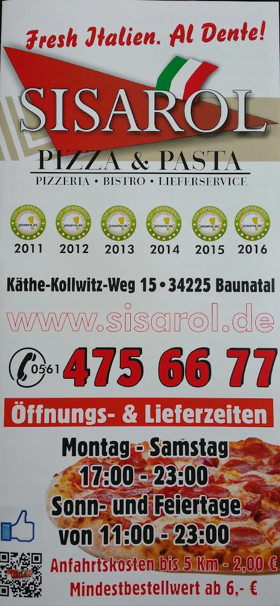 Speisekarte, SISAROL - Pizza & Pasta
