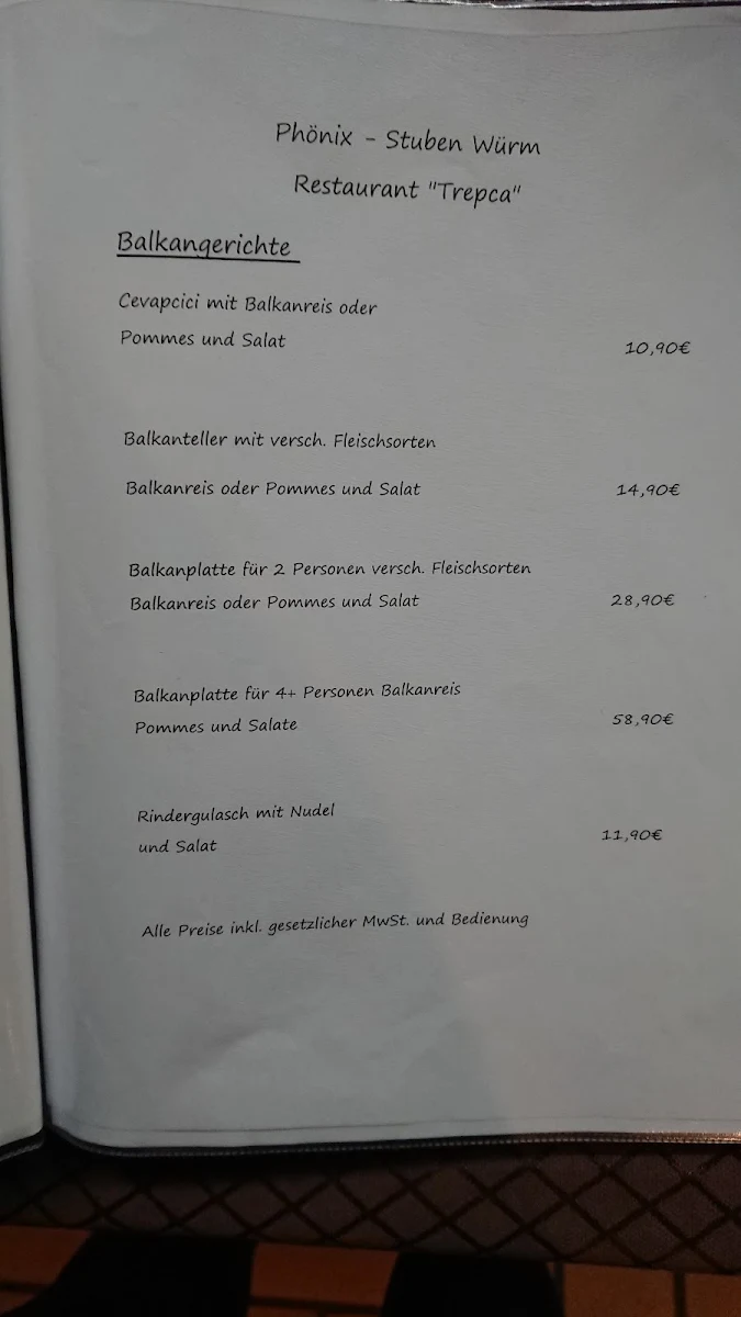 Speisekarte, Phönix Stuben