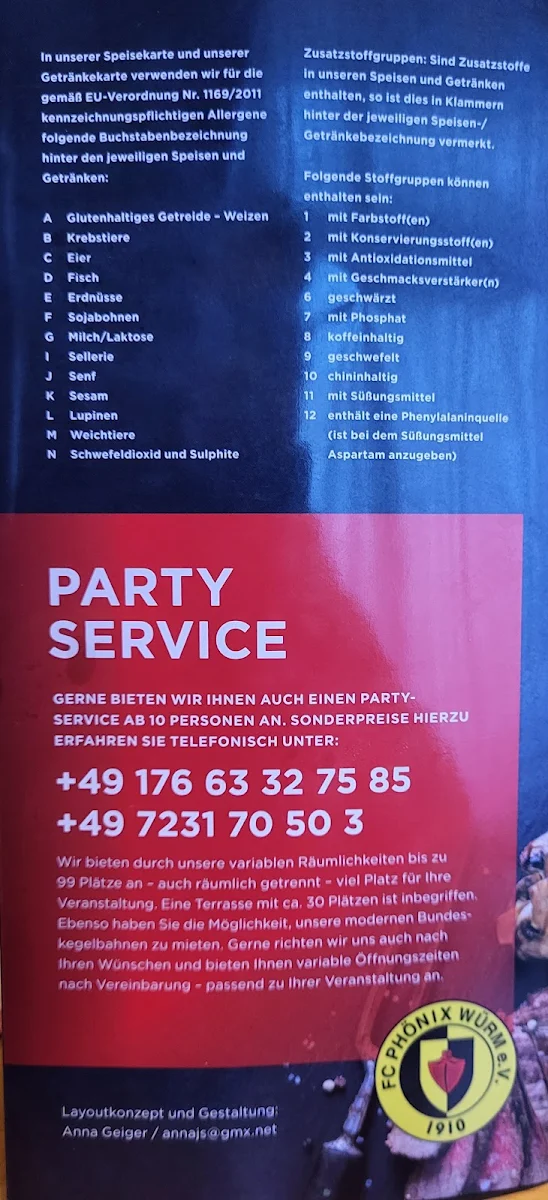 Speisekarte, Phönix Stuben
