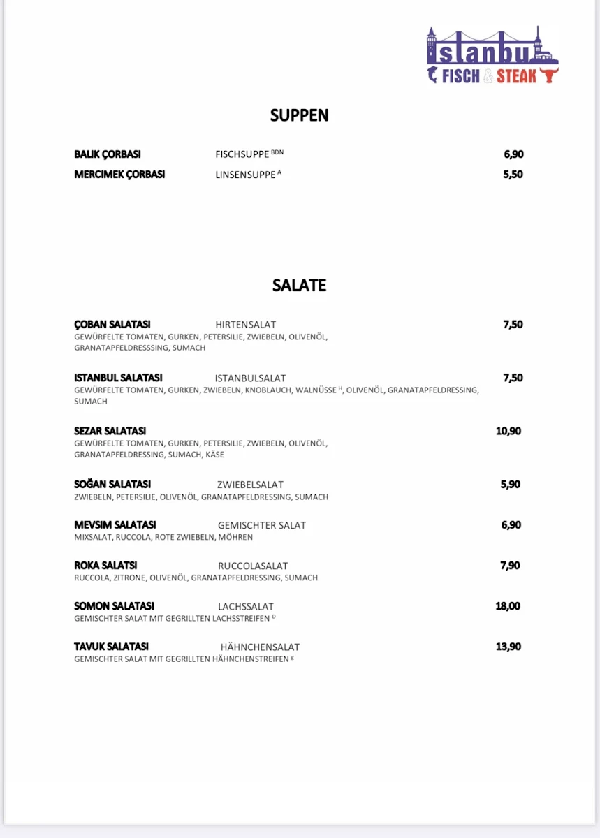 Speisekarte, Istanbul Fisch & Steak House