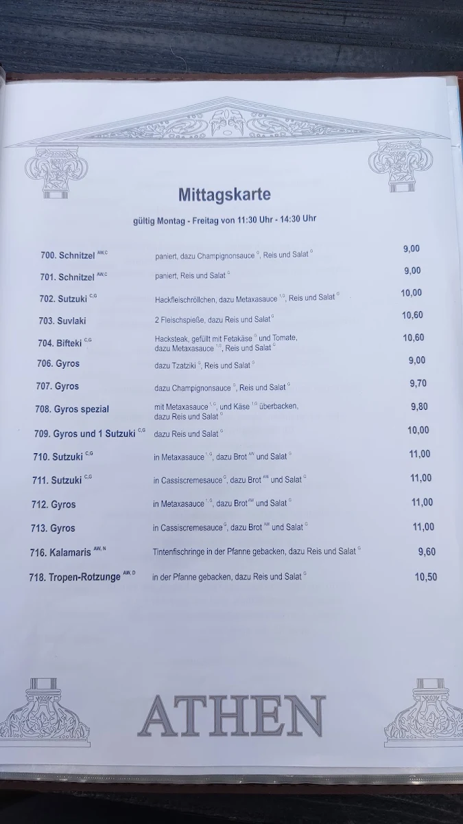 Speisekarte, Restaurant Athen