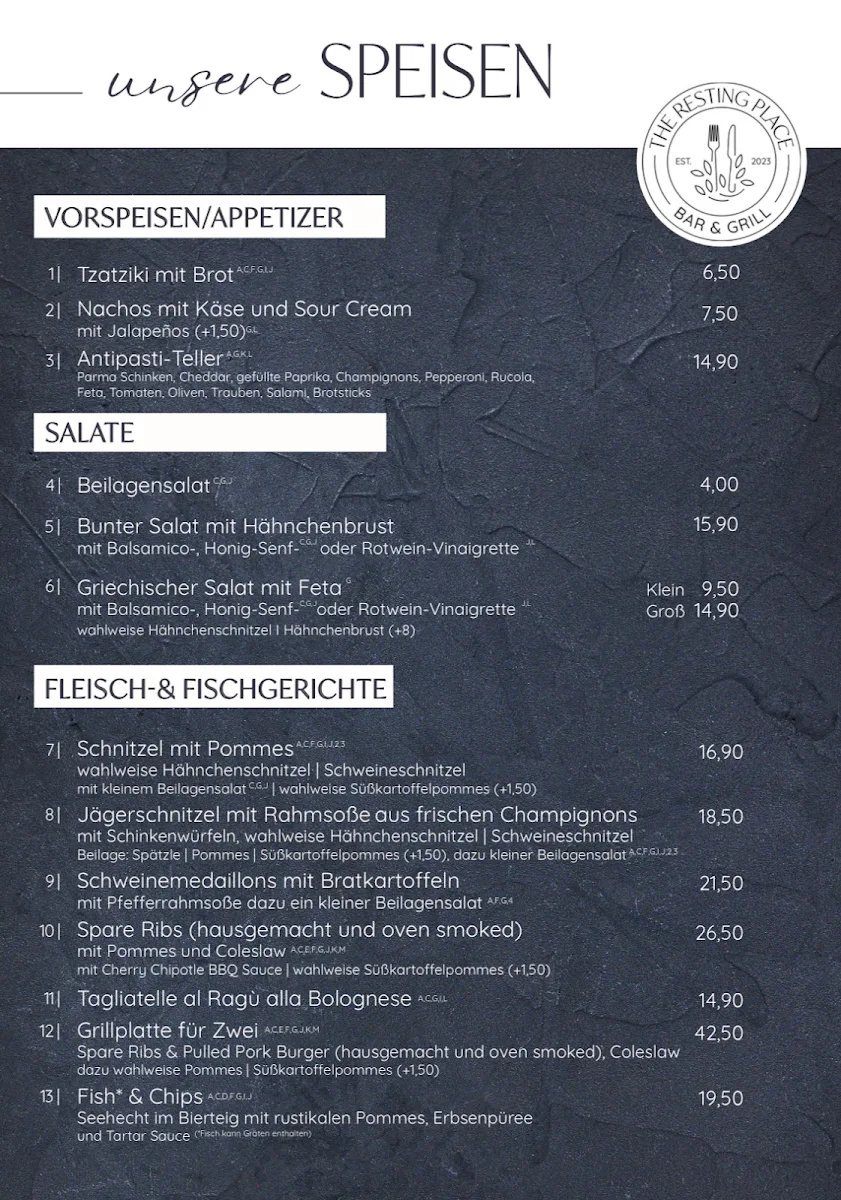 Speisekarte, The Resting Place Bar & Grill