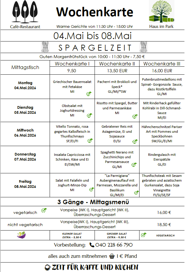 Speisekarte, Café-Restaurant im Park