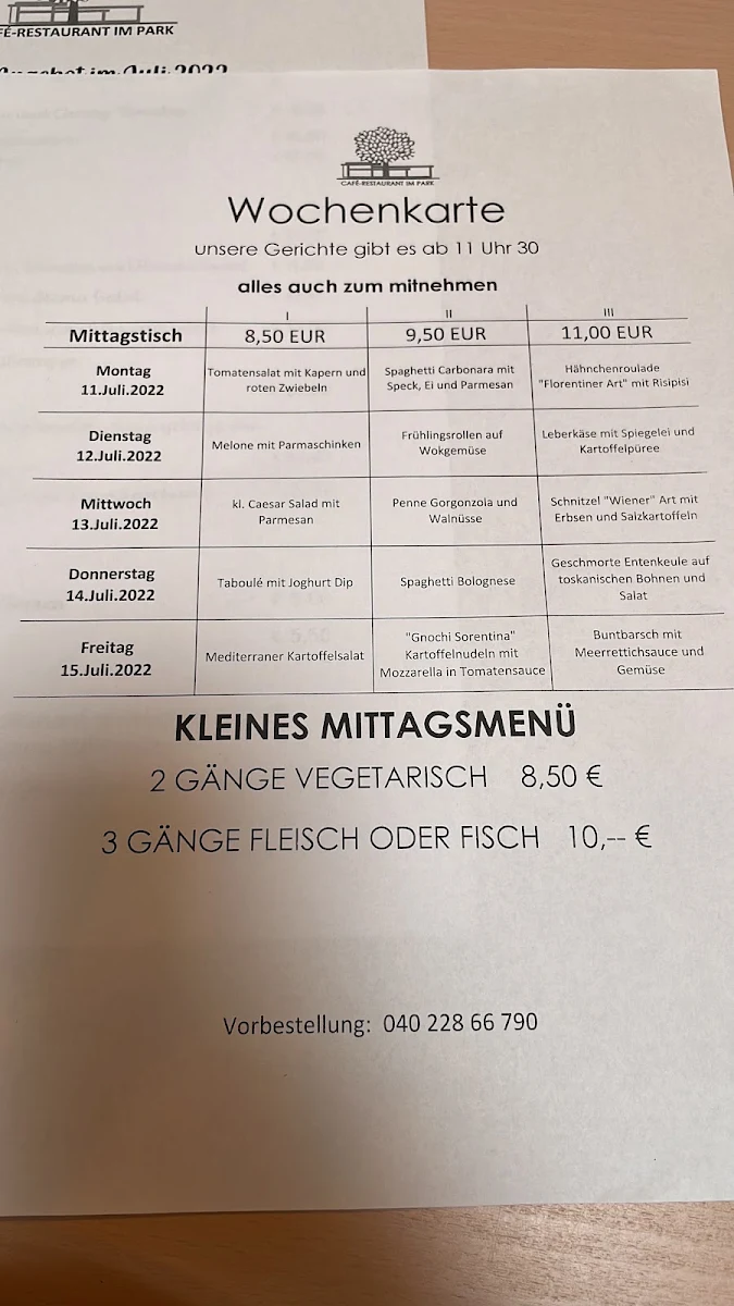 Speisekarte, Café-Restaurant im Park