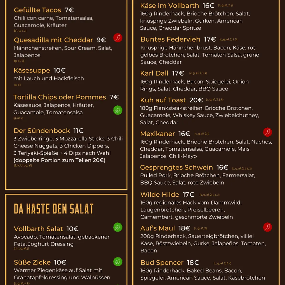 Speisekarte, Restaurant und Bar Vollbarth