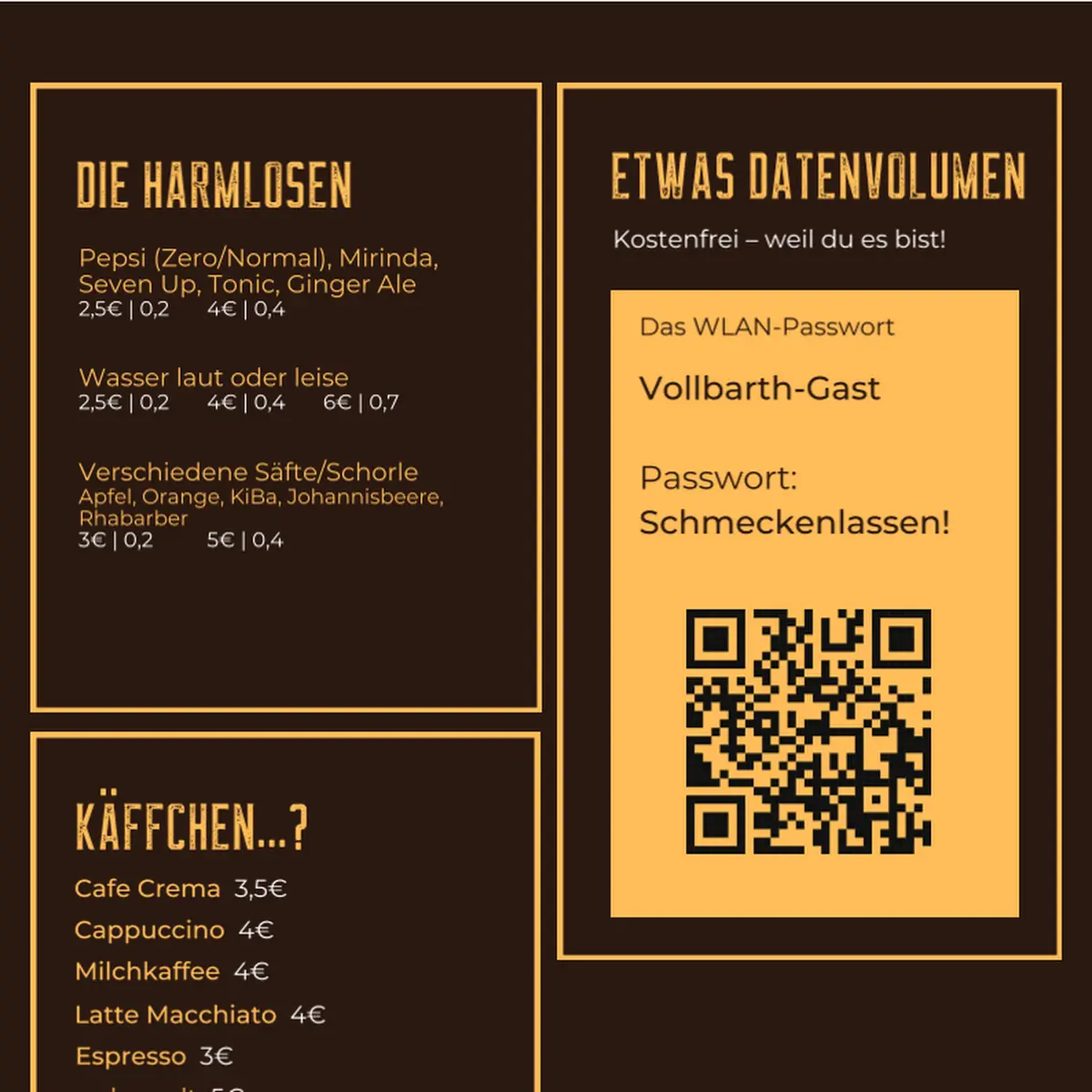 Speisekarte, Restaurant und Bar Vollbarth