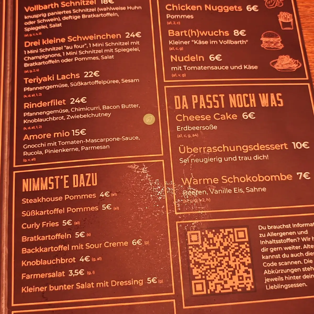 Speisekarte, Restaurant und Bar Vollbarth