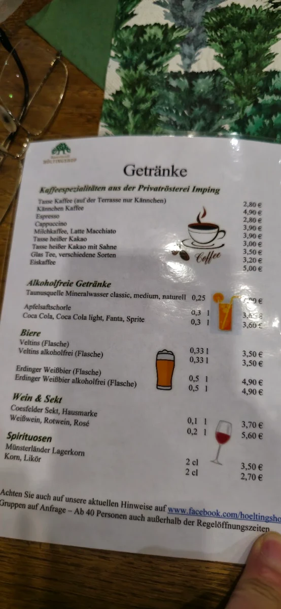 Speisekarte, Bauerncafe Höltingshof