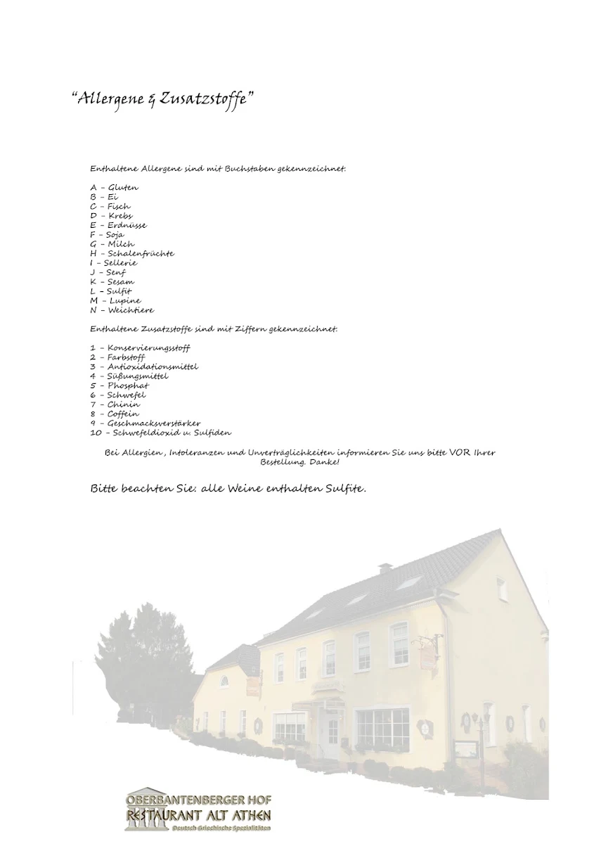 Speisekarte, Restaurant Alt Athen - Oberbantenberger Hof
