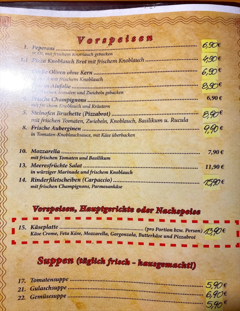 Speisekarte, Gaststätte Zum Steinofen