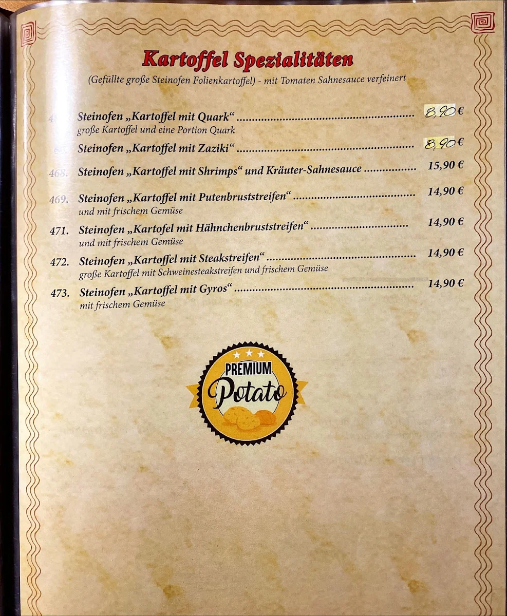 Speisekarte, Gaststätte Zum Steinofen