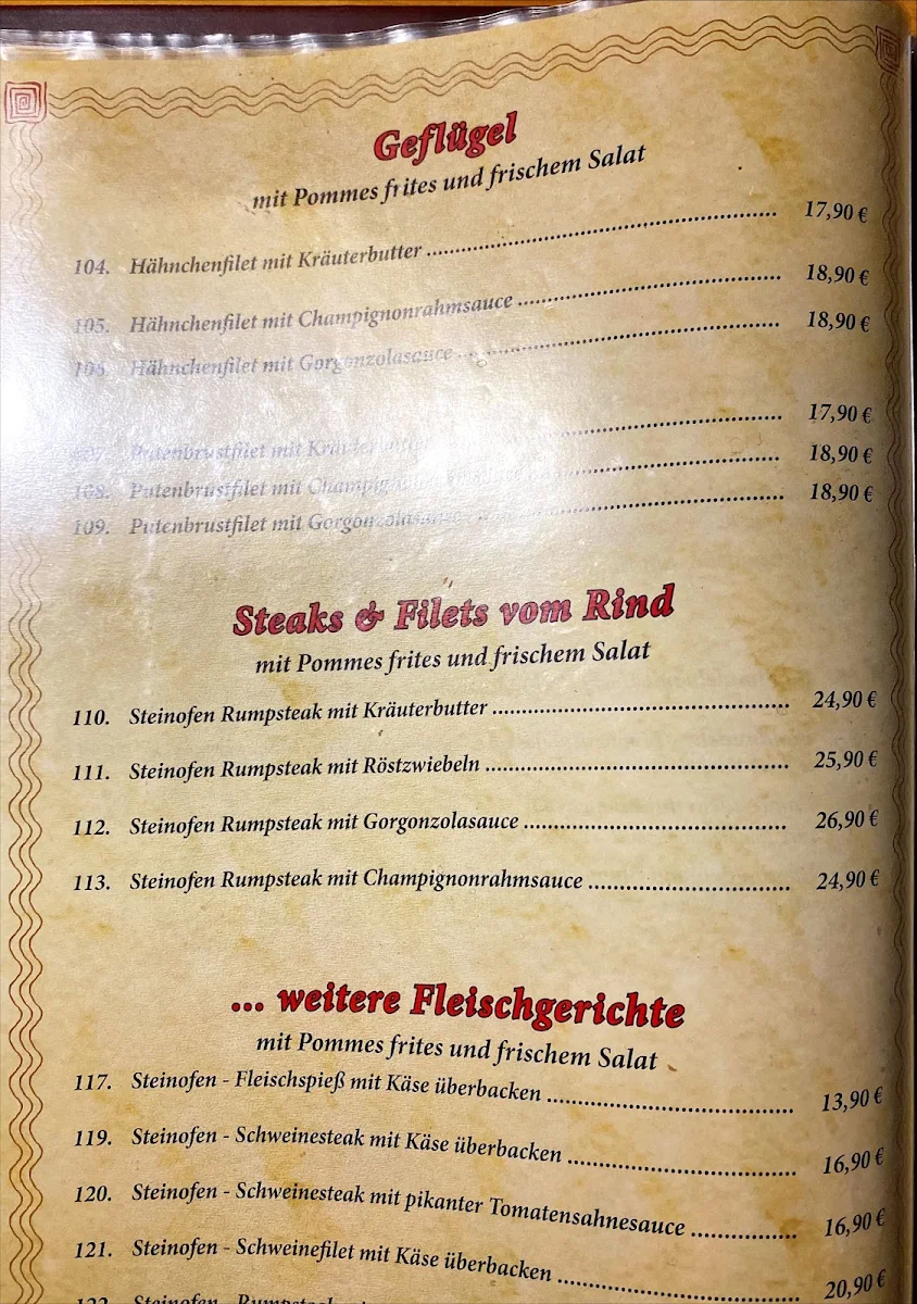 Speisekarte, Gaststätte Zum Steinofen