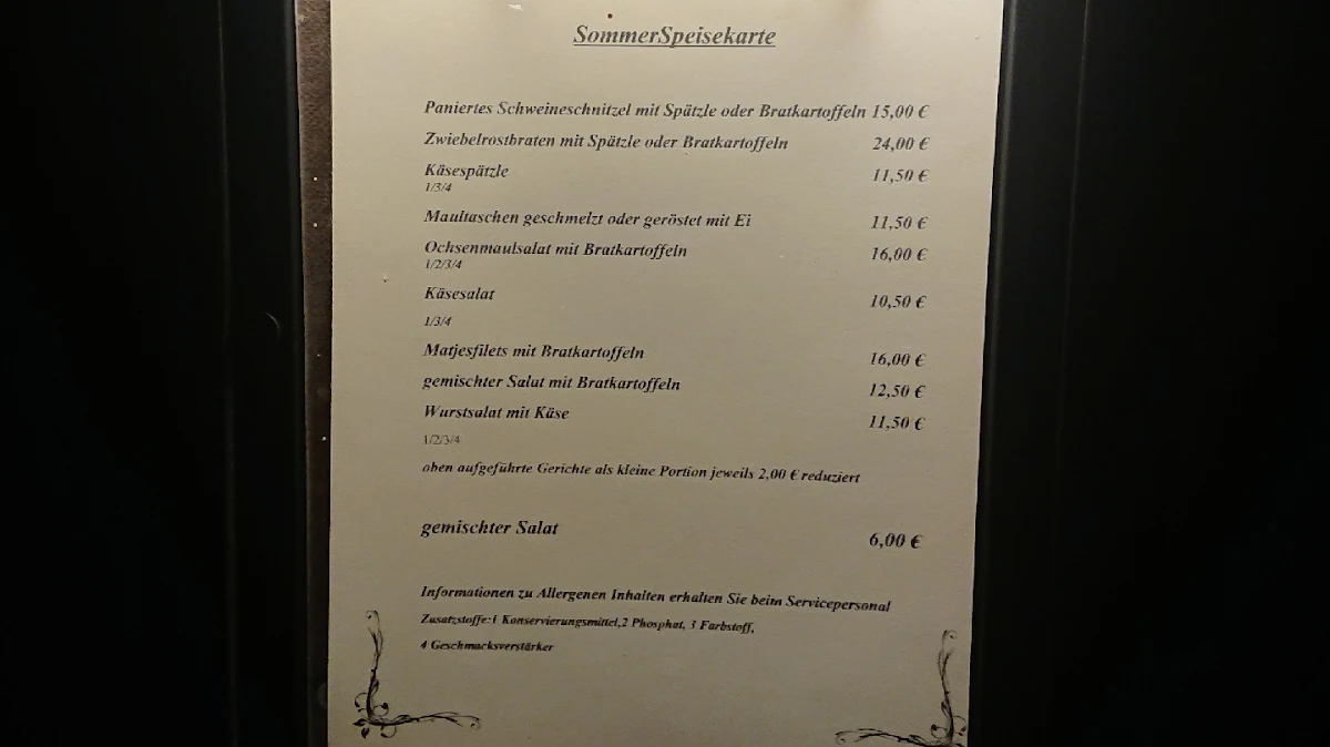 Speisekarte, Schatten Gasthaus Affstätt