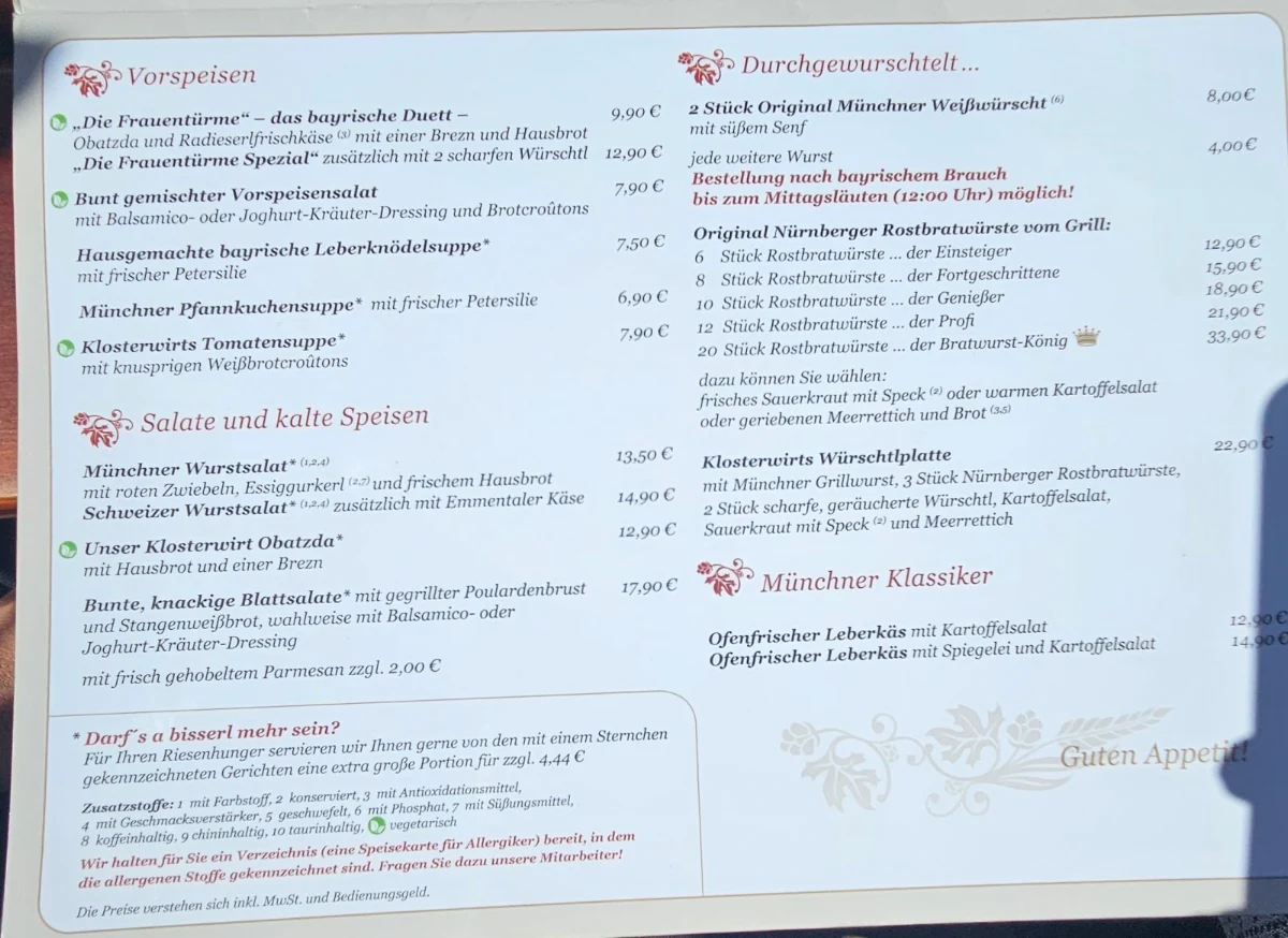 Speisekarte, Augustiner Klosterwirt