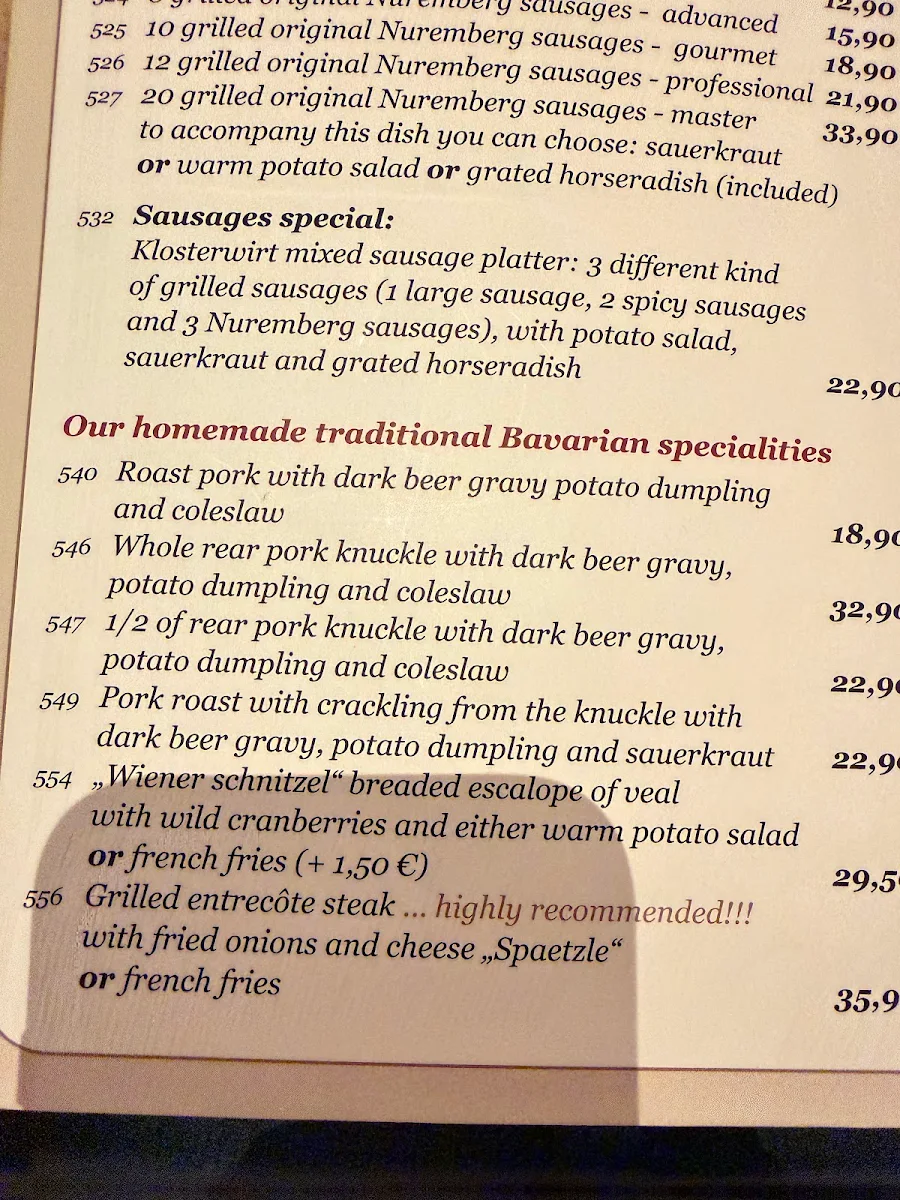 Speisekarte, Augustiner Klosterwirt