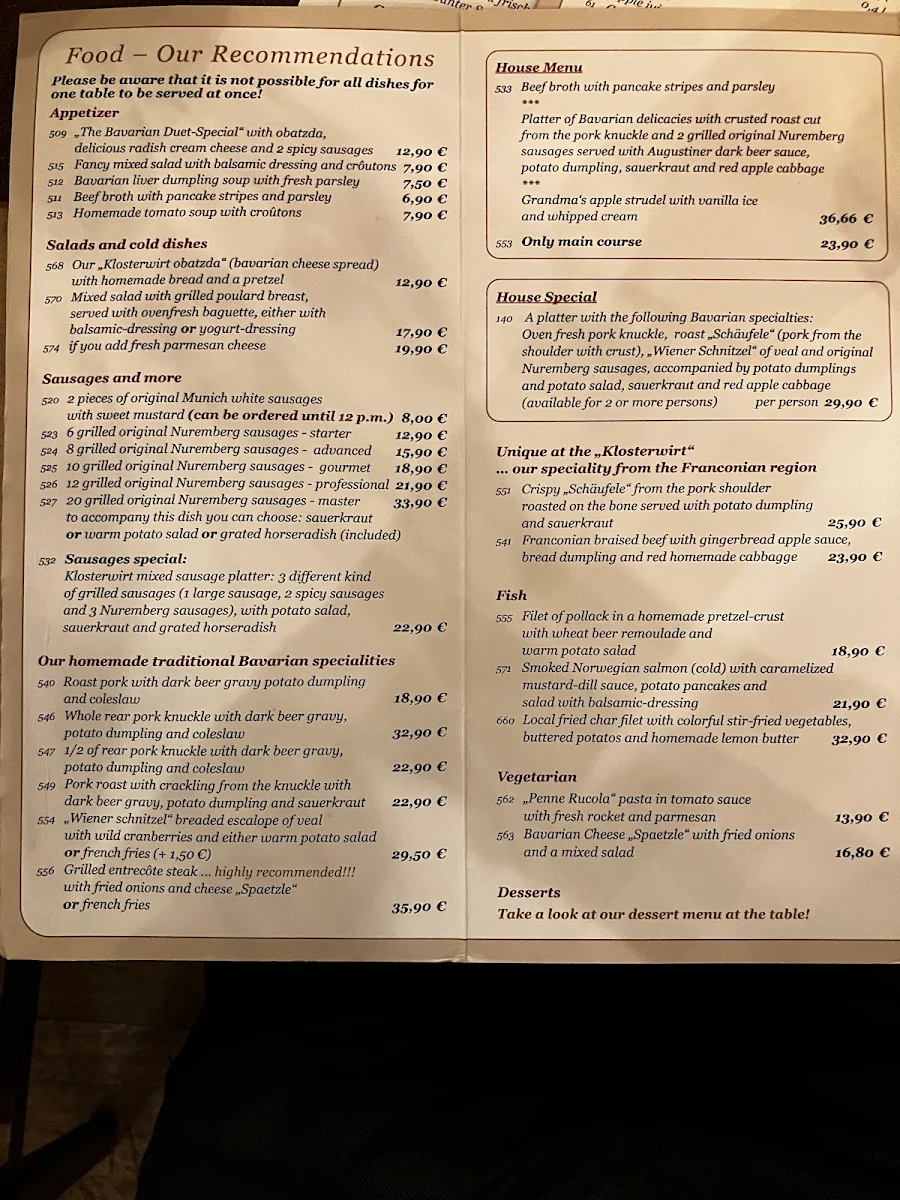 Speisekarte, Augustiner Klosterwirt