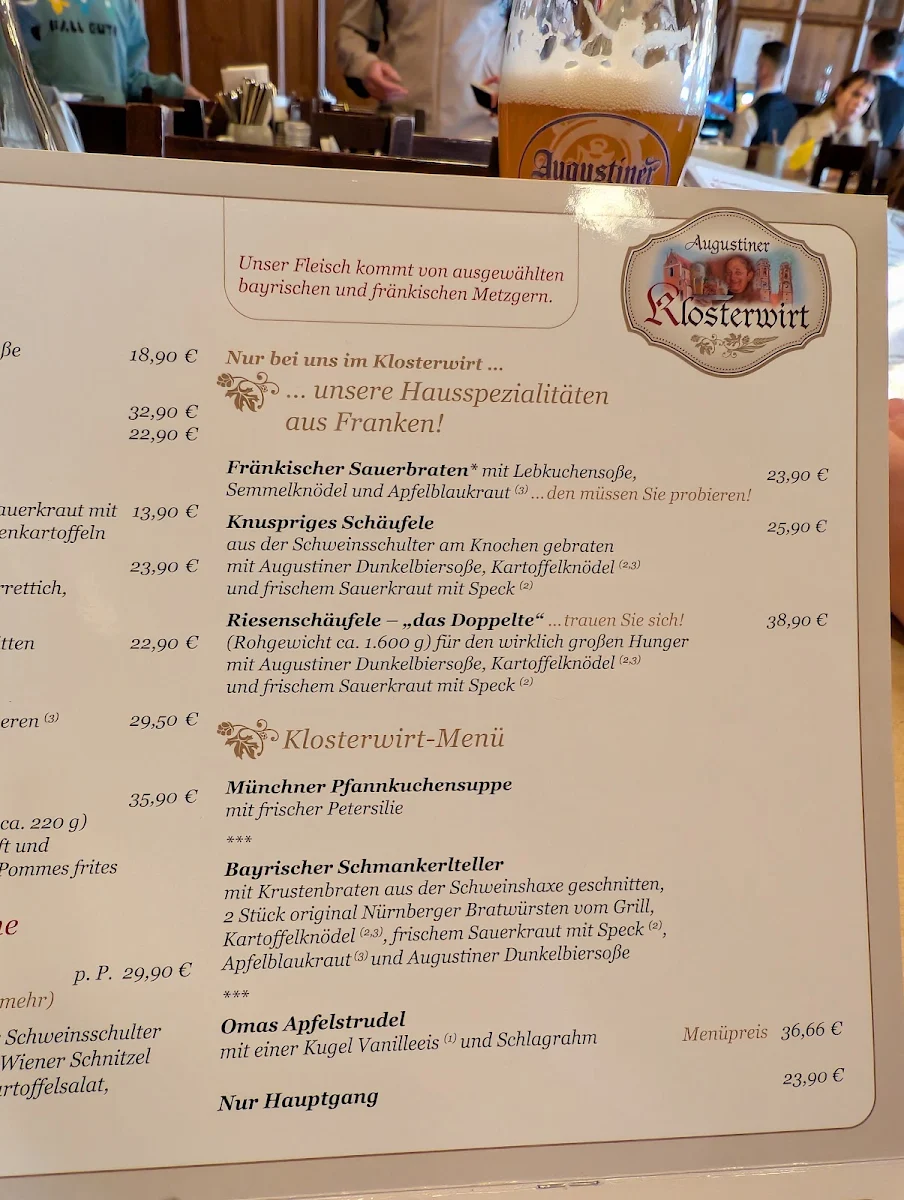 Speisekarte, Augustiner Klosterwirt