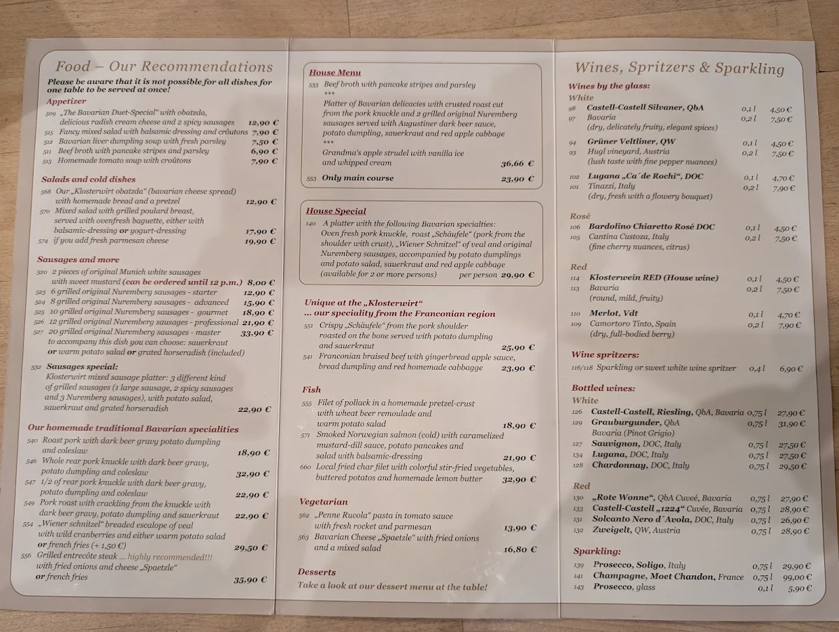 Speisekarte, Augustiner Klosterwirt