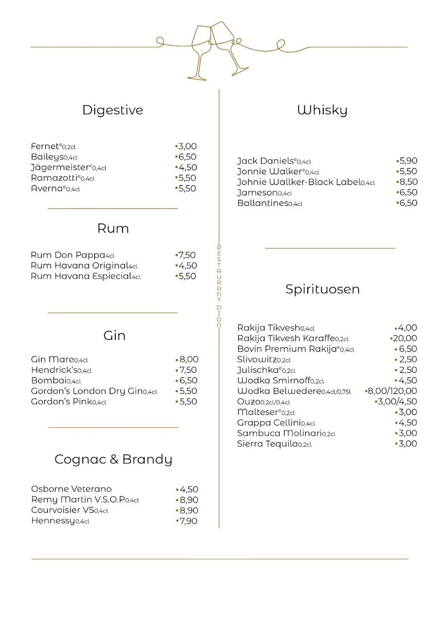 Speisekarte, Restaurant Dion
