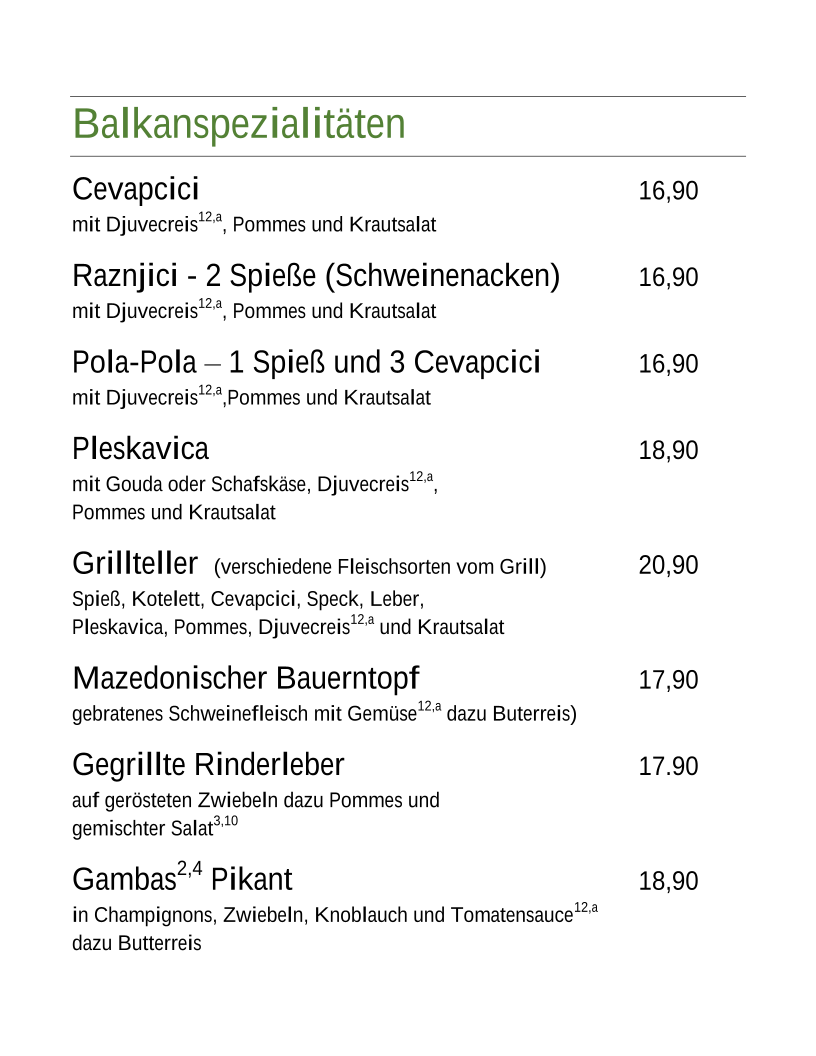 Speisekarte, Restaurant Dion