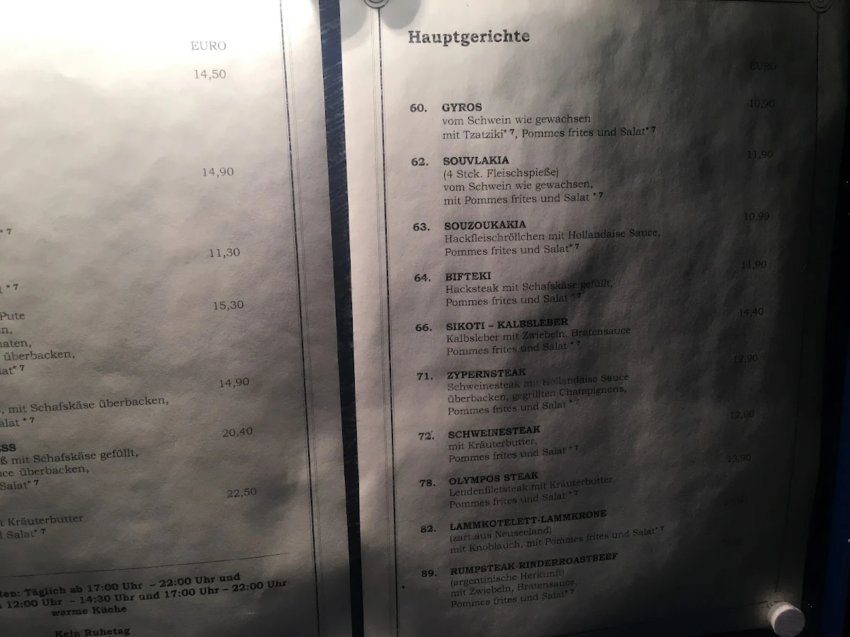 Speisekarte, Restaurant PANORAMA
