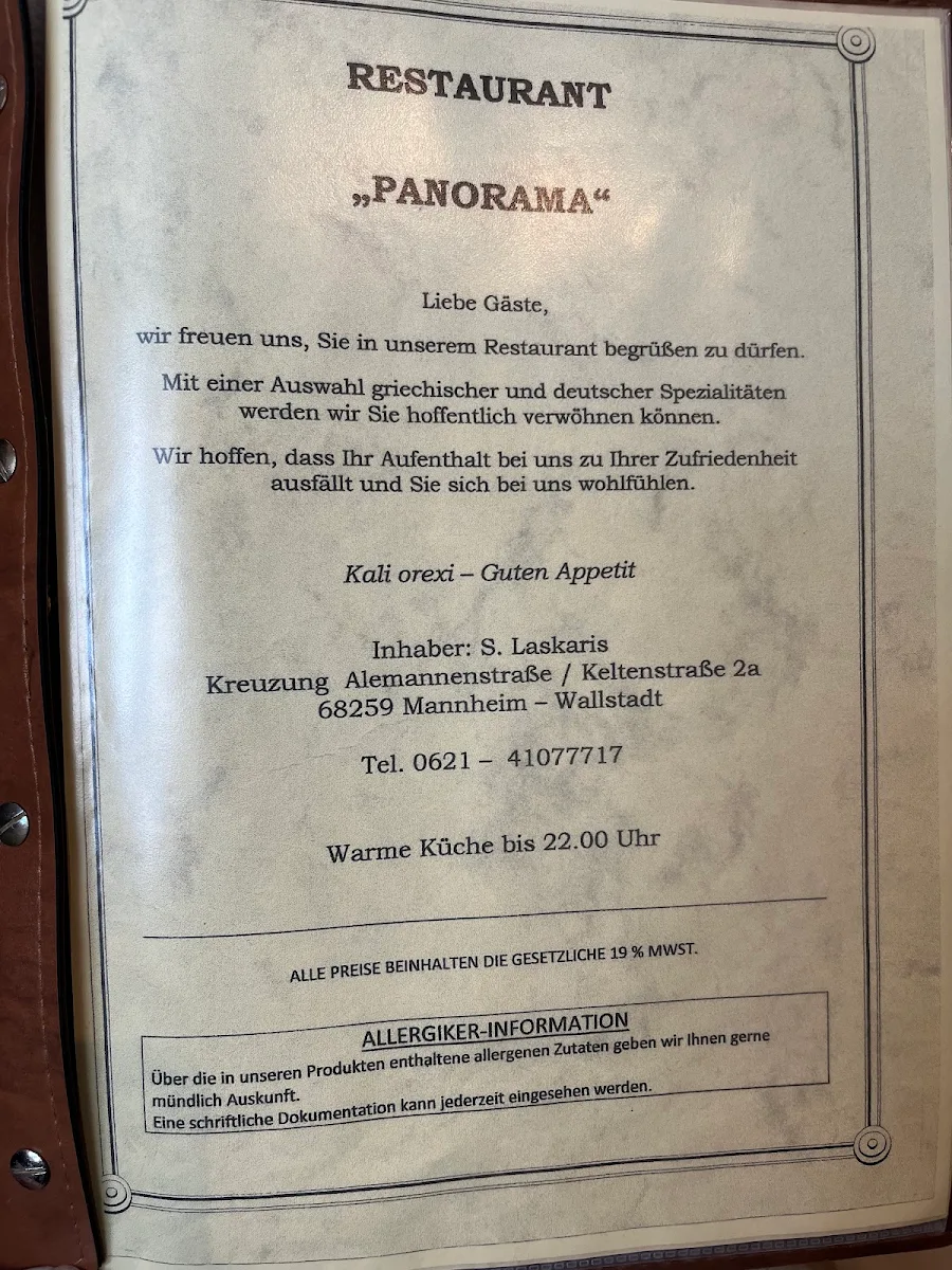 Speisekarte, Restaurant PANORAMA