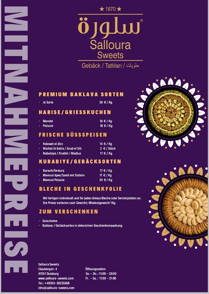 Speisekarte, Salloura-Sweets Baklava Süßspeisen Gebäck