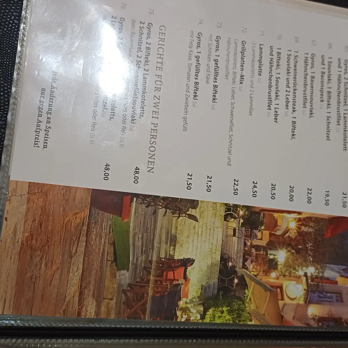 Speisekarte, Restaurant Pegasus
