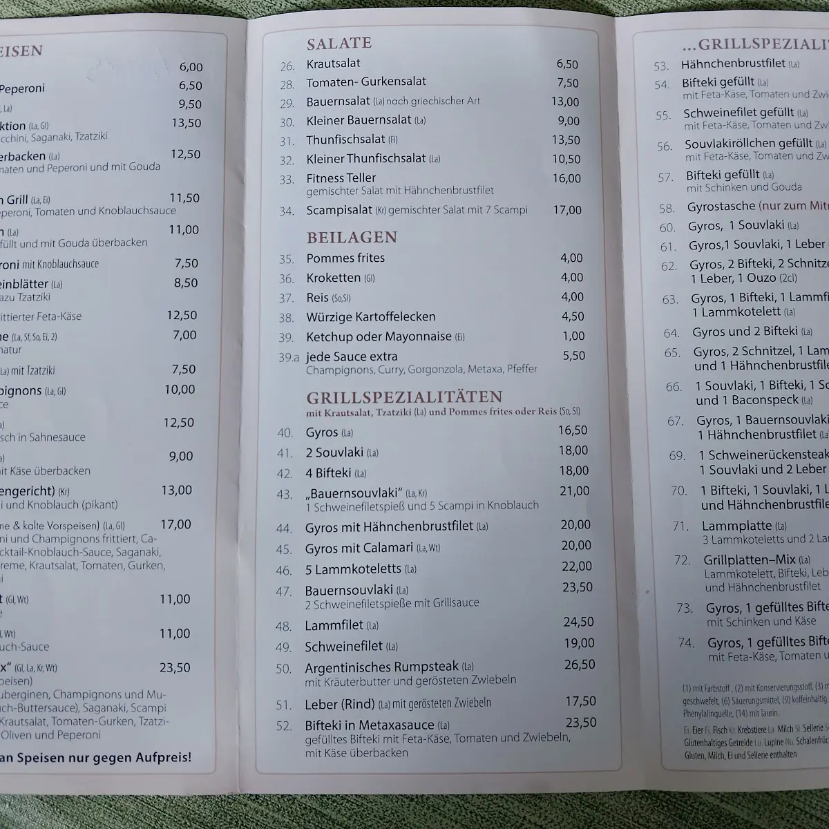 Speisekarte, Restaurant Pegasus