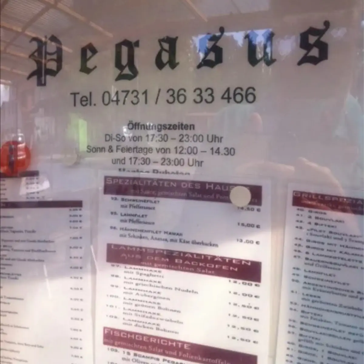 Speisekarte, Restaurant Pegasus