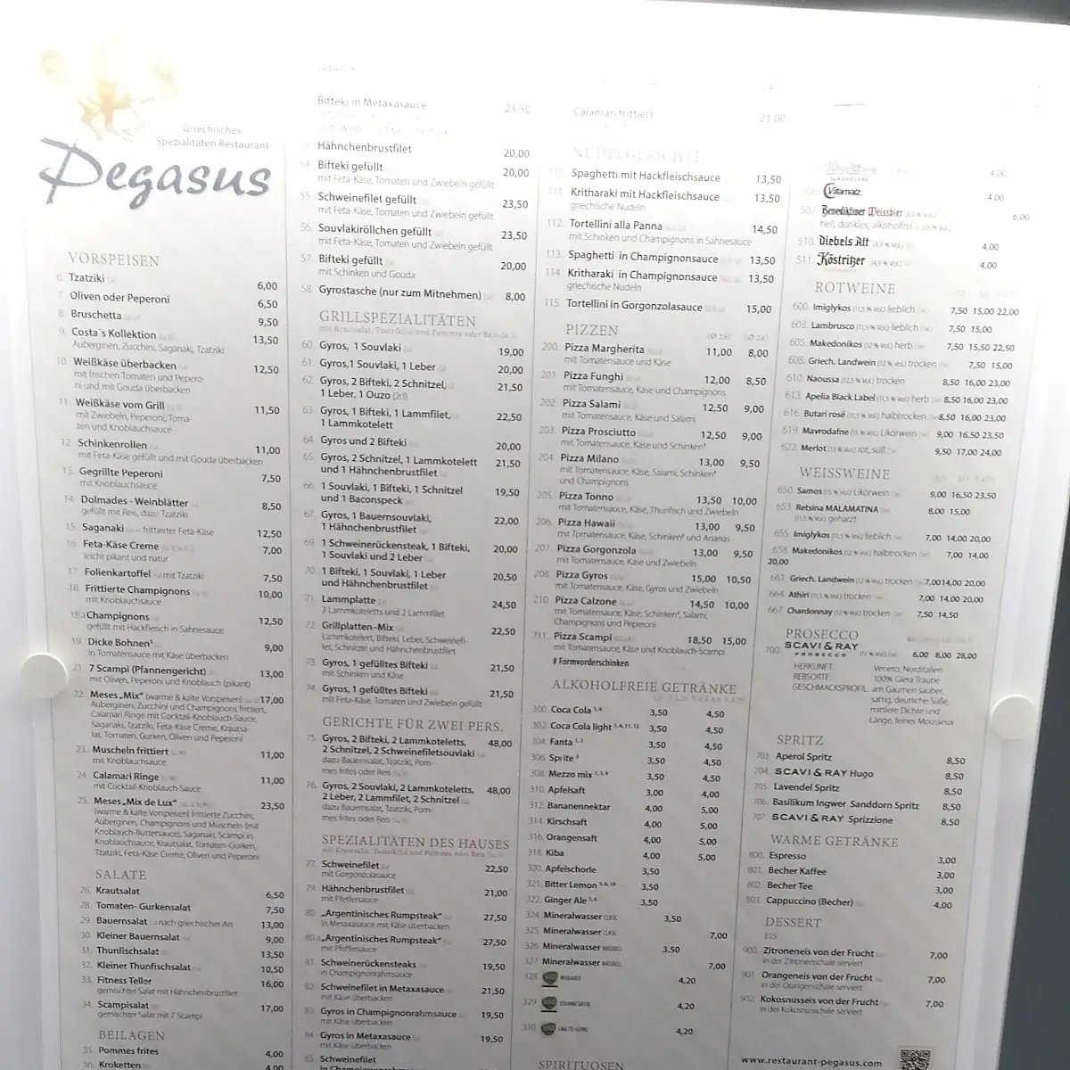 Speisekarte, Restaurant Pegasus