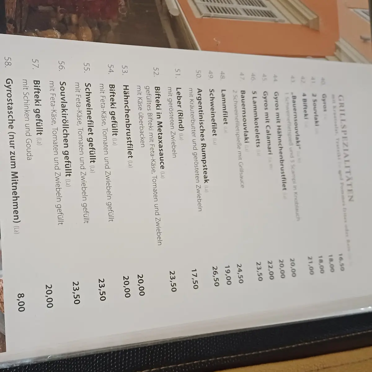 Speisekarte, Restaurant Pegasus