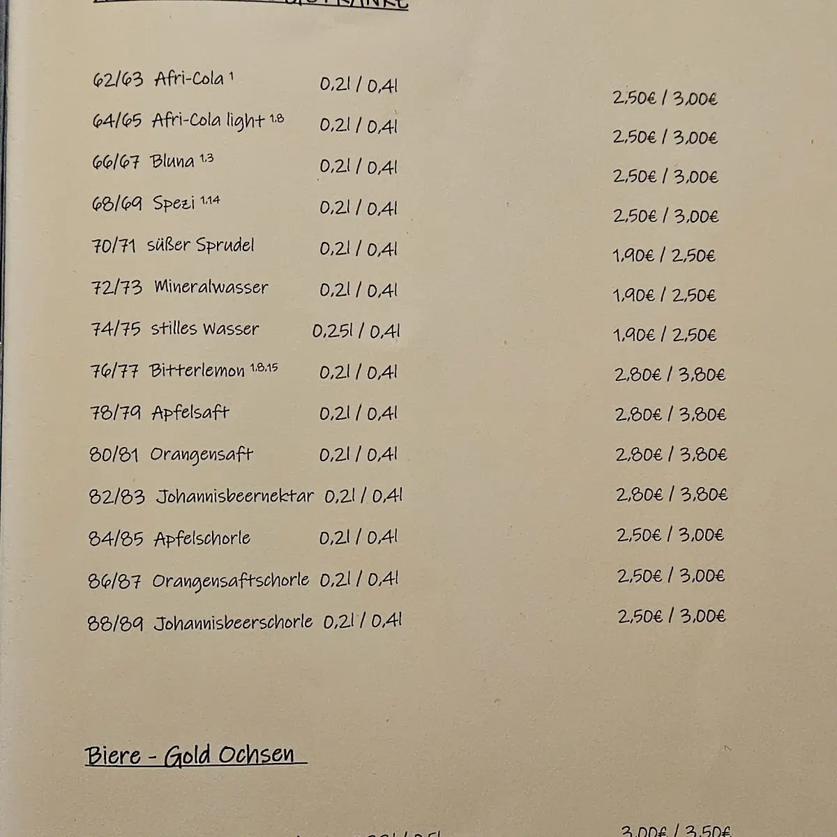 Speisekarte, Gaststätte Albhalle Westerheim