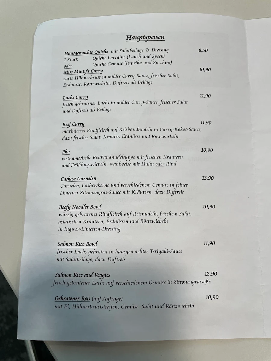 Speisekarte, Miss Minty Café