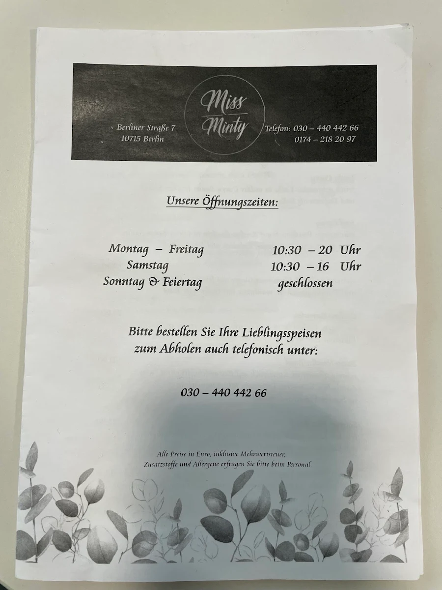 Speisekarte, Miss Minty Café