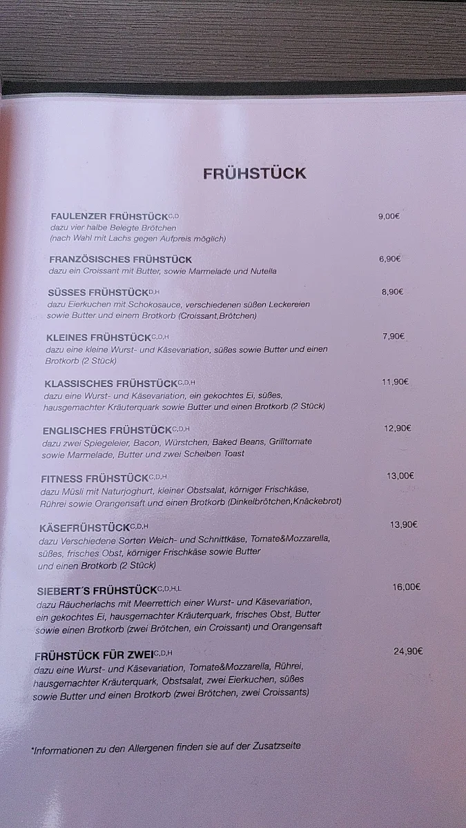 Speisekarte, Siebert's Blankenburg Restaurant & Kaffeehaus