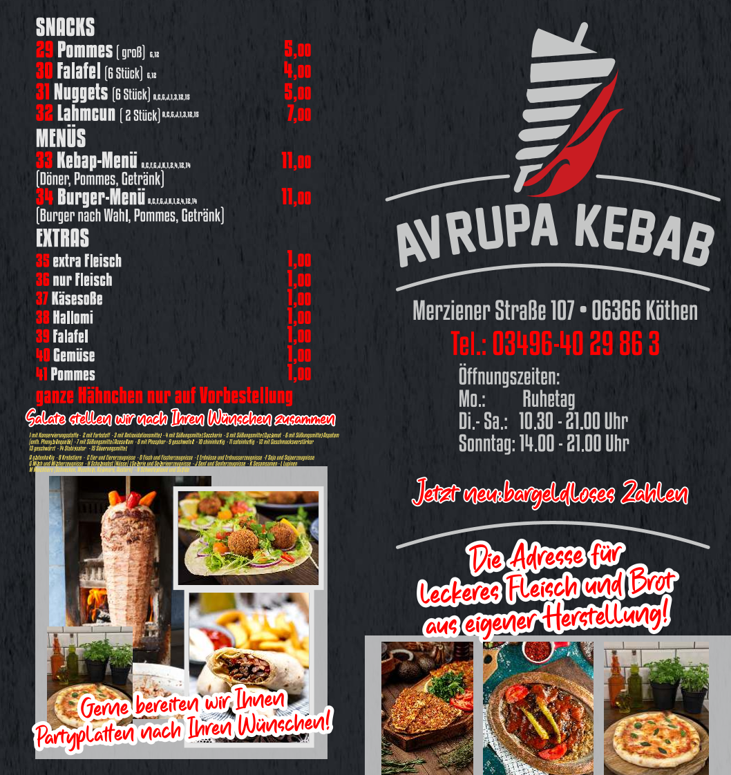 Speisekarte, AVRUPA KEBAB