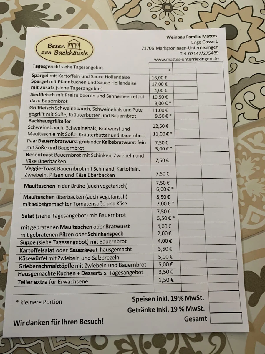 Speisekarte, Besen am Backhäusle