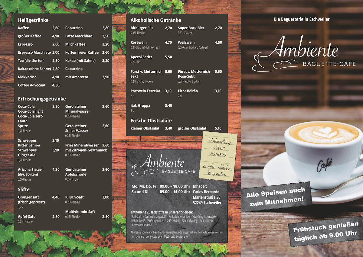 Speisekarte, Café Baguetterie Ambiente