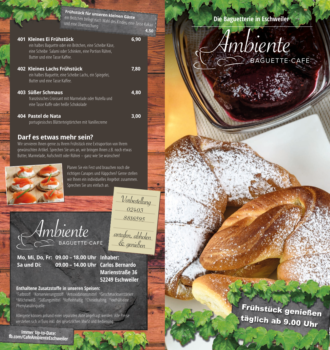 Speisekarte, Café Baguetterie Ambiente