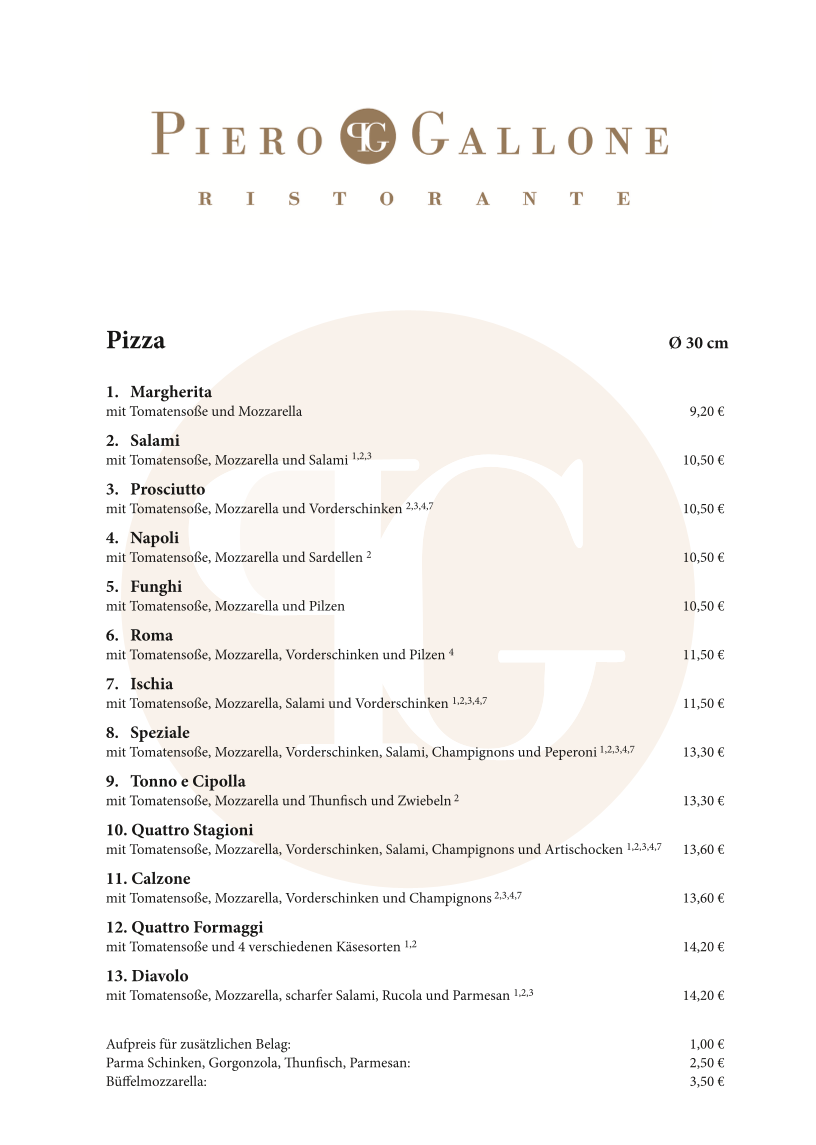 Speisekarte, Italienisches Restaurant Piero Gallone Illertissen