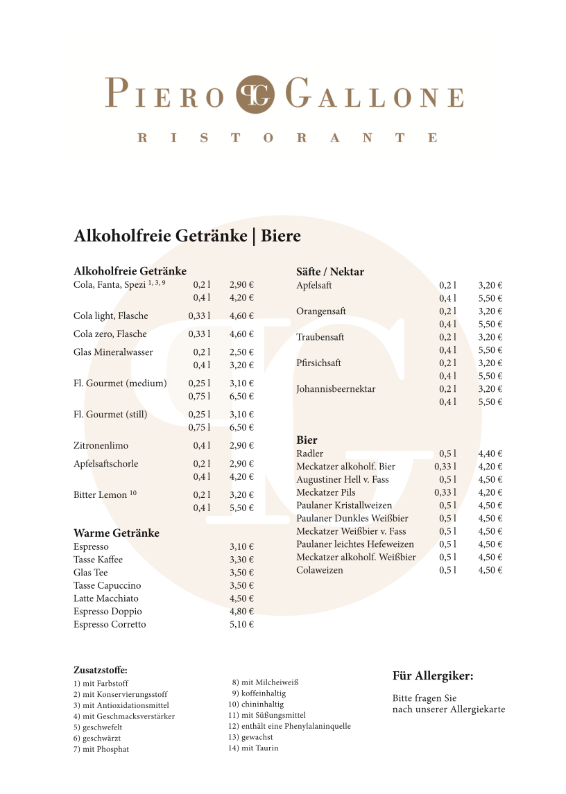 Speisekarte, Italienisches Restaurant Piero Gallone Illertissen