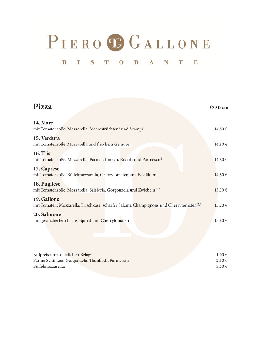 Speisekarte, Italienisches Restaurant Piero Gallone Illertissen